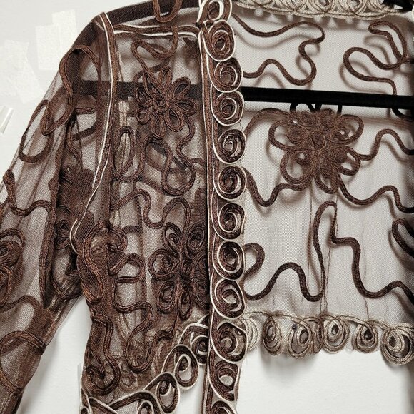Brown Crop Jacket Bolero Top Sheer Mesh Lace Bolero Shrug Cover Up Size M - Picture 12 of 13